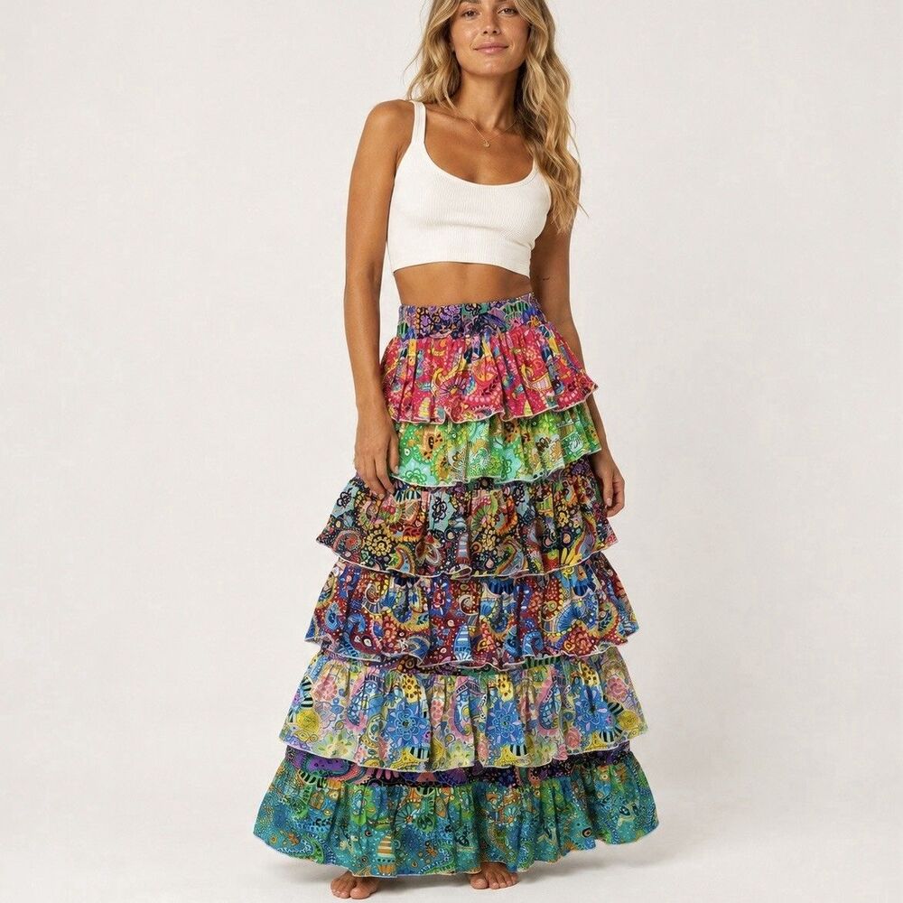 PrettyLittleThing Multi Patchwork Printed Tiered Maxi Skirt Size 4 NWT Boho